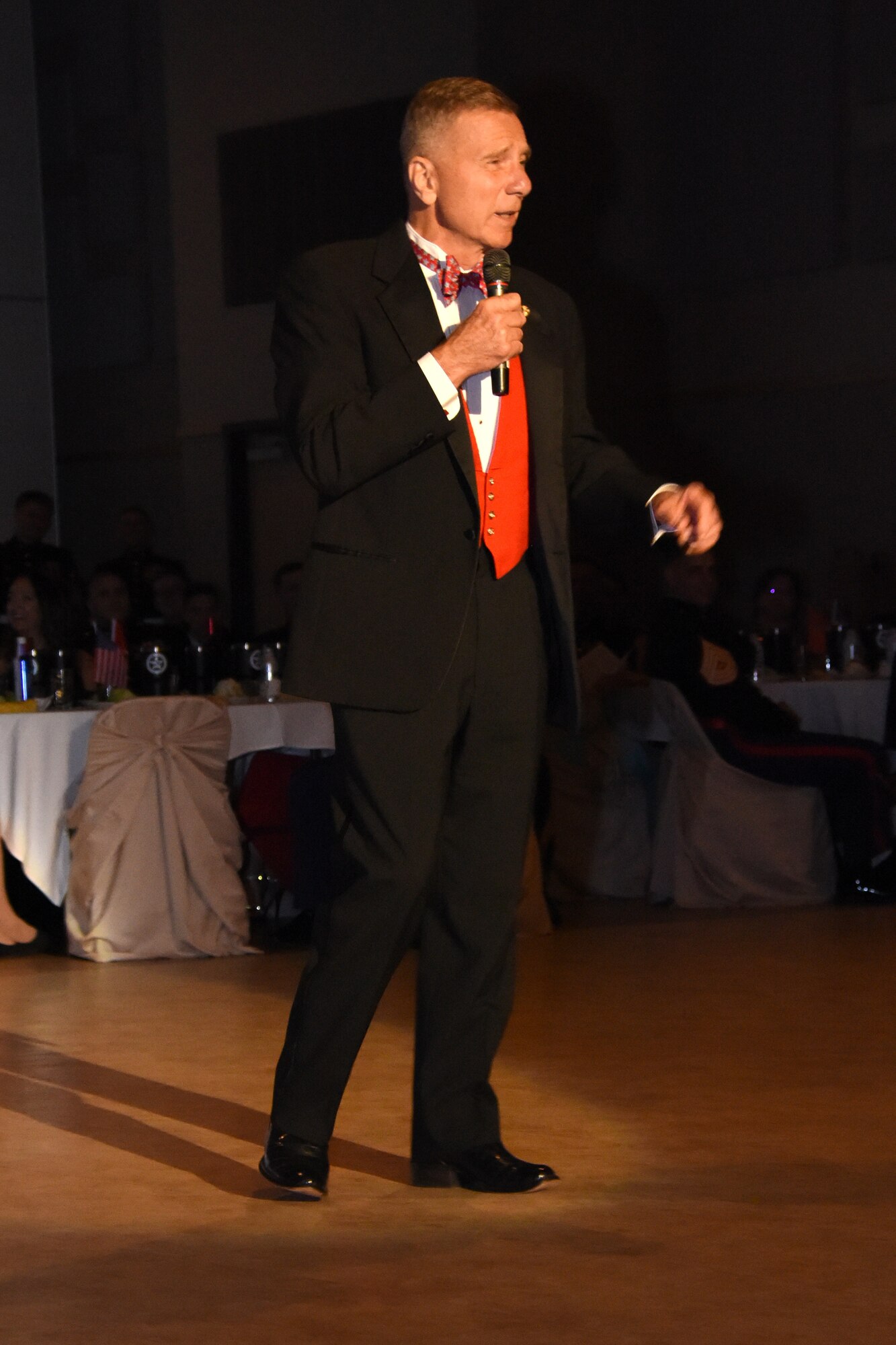 Retired Gen. Michael Hagee, 33rd Commandant of the Marine Corps, guest of honor, speaks during the Marine Corps Ball at the McNease Convention Center, San Angelo, Texas, Nov. 2, 2018. Hagee spoke about Marines, their legacy and the fact that they are family. (U.S. Air Force photo by Airman 1st Class Seraiah Hines/Released)