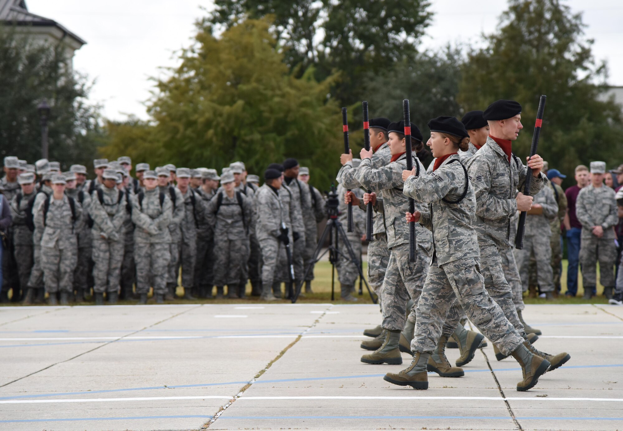 Members of the 335th Training Squadron freestyle drill team perform during the 81st Training Group drill down on the Levitow Training Support Facility drill pad at Keesler Air Force Base, Mississippi, Nov. 2, 2018. The 335th TRS "Bulls" took first place overall this quarter and for the year. (U.S. Air Force photo by Kemberly Groue)