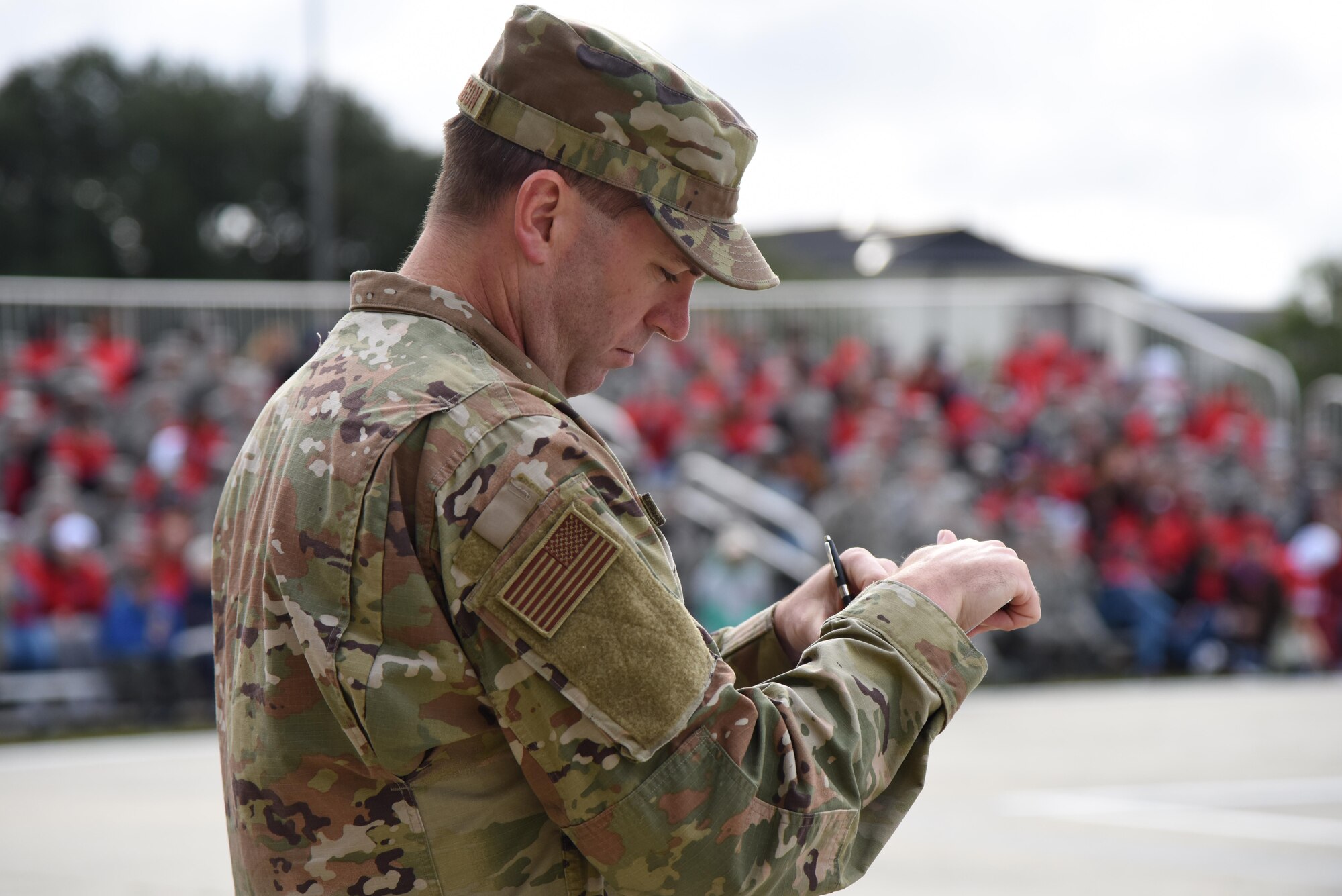 U.S. Air Force Master Sgt. Joshua Stillwagon, 334th Training Squadron instructor, serves as a judge during the 81st Training Group drill down on the Levitow Training Support Facility drill pad at Keesler Air Force Base, Mississippi, Nov. 2, 2018. Airmen from the 81st TRG competed in a quarterly open ranks inspection, regulation drill routine and freestyle drill routine. (U.S. Air Force photo by Kemberly Groue)