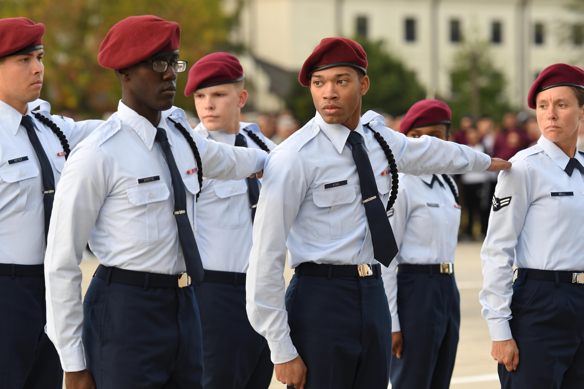 Members of the 335th Training Squadron regulation drill team perform during the 81st Training Group drill down on the Levitow Training Support Facility drill pad at Keesler Air Force Base, Mississippi, Nov. 2, 2018. The 335th TRS "Bulls" took first place overall this quarter and for the year. (U.S. Air Force photo by Kemberly Groue)