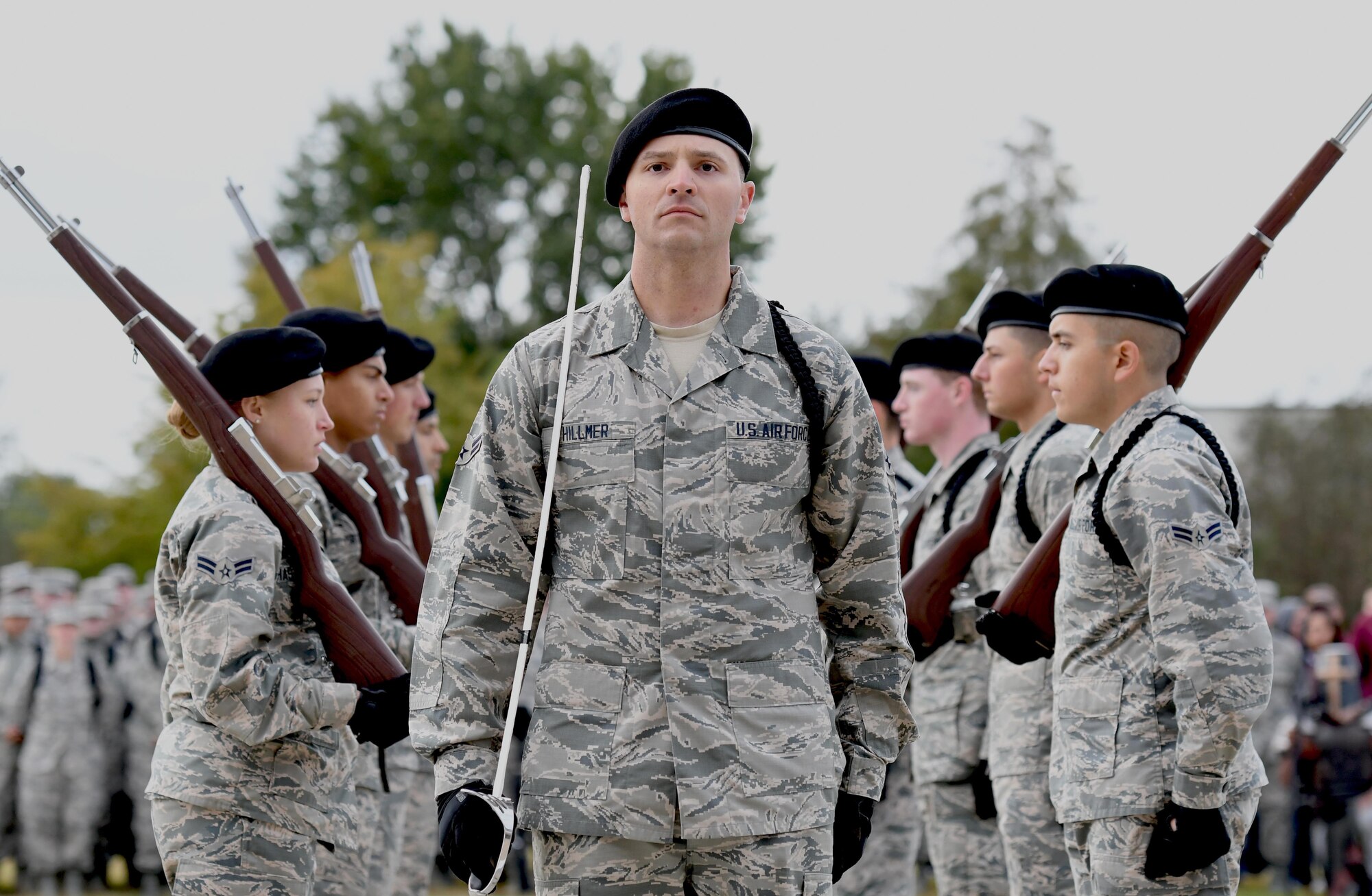 U.S. Air Force Airman 1st Class Matthew Hillmer, 338th Training Squadron freestyle drill master, performs during the 81st Training Group drill down on the Levitow Training Support Facility drill pad at Keesler Air Force Base, Mississippi, Nov. 2, 2018. The 338th TRS "Dark Knights" took first place in the freestyle competition. (U.S. Air Force photo by Kemberly Groue)