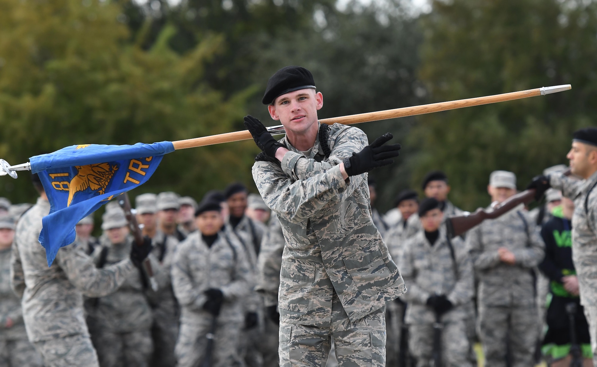U.S. Air Force Airman Kory King, 338th Training Squadron freestyle drill team member, performs during the 81st Training Group drill down on the Levitow Training Support Facility drill pad at Keesler Air Force Base, Mississippi, Nov. 2, 2018. The 338th TRS "Dark Knights" took first place in the freestyle competition. (U.S. Air Force photo by Kemberly Groue)