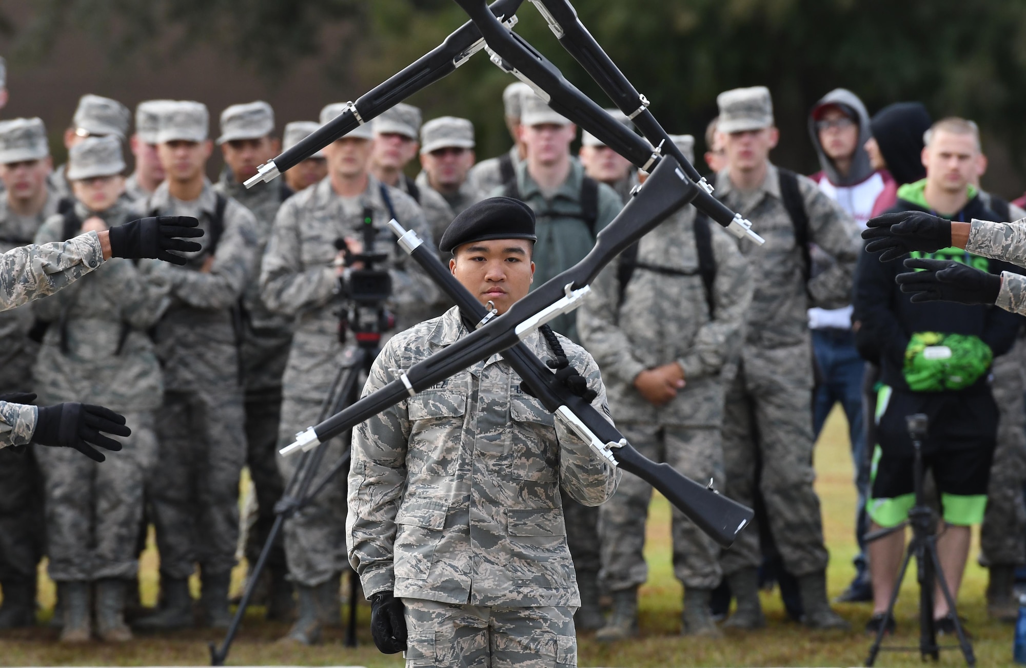 U.S. Air Force Airman 1st Class Ian Alan Perez, 334th Training Squadron freestyle drill master, performs during the 81st Training Group drill down on the Levitow Training Support Facility drill pad at Keesler Air Force Base, Mississippi, Nov. 2, 2018. Airmen from the 81st TRG competed in a quarterly open ranks inspection, regulation drill routine and freestyle drill routine. (U.S. Air Force photo by Kemberly Groue)