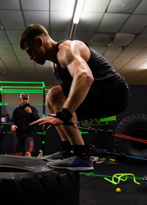 U.S. Air Force Staff Sgt. Tyler McGuire, 66th Training Squadron Survival Evasion Resistance Escape specialist, performs agility training during his morning workout in Spokane Valley, Washington, Oct. 30, 2018. McGuire is preparing for his first Mixed Martial Arts world title match in Indonesia Nov. 17. (U.S. Air Force photo/Airman 1st Class Jesenia Landaverde)