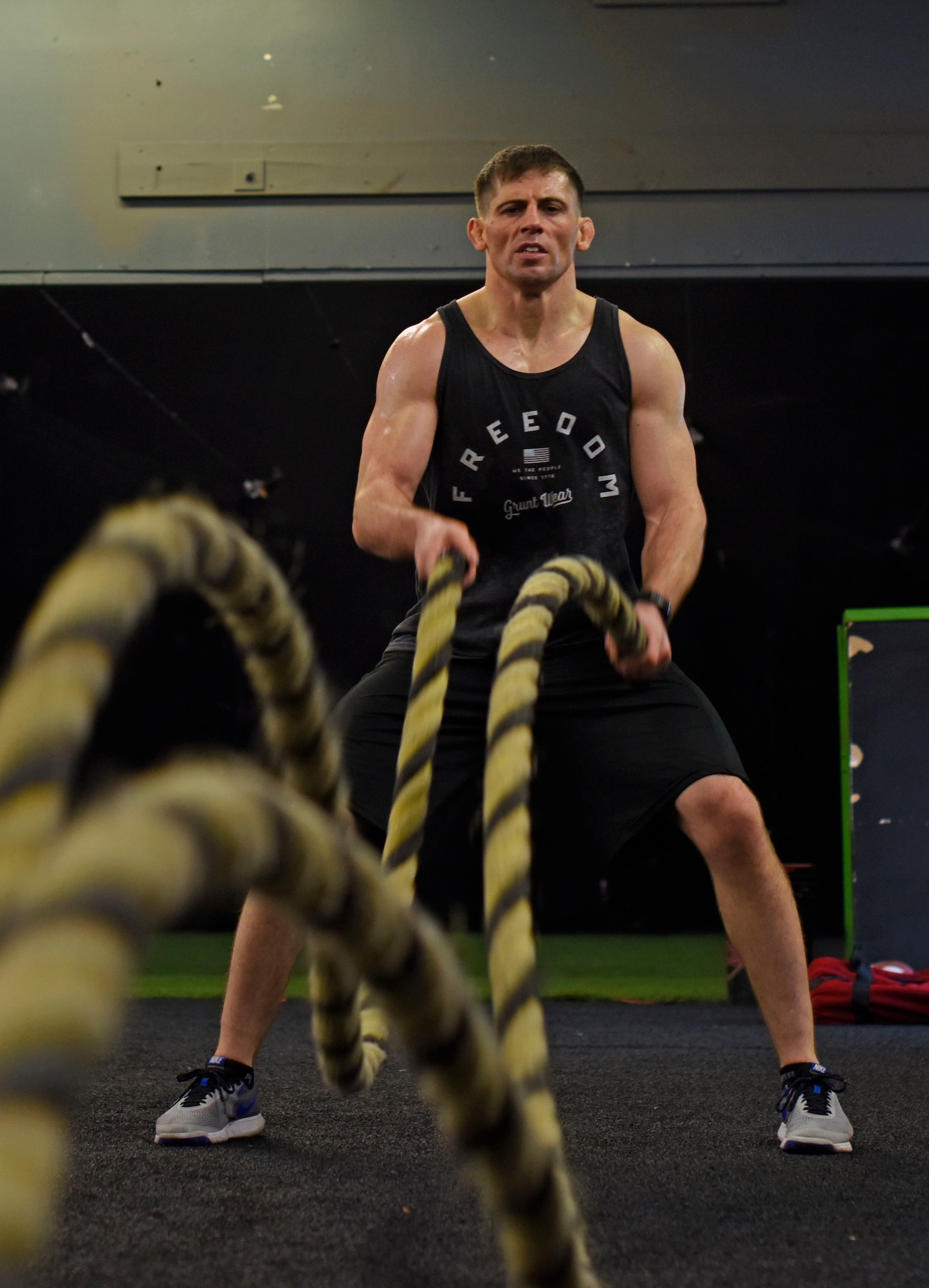 U.S. Air Force Staff Sgt. Tyler McGuire, 66th Training Squadron Survival Evasion Resistance Escape specialist, performs physical conditioning during his morning workout in Spokane Valley, Washington, Oct. 30, 2018. McGuire is preparing for his first Mixed Martial Arts world title match in Indonesia Nov. 17, and is currently undefeated with 11 wins. (U.S. Air Force photo/Airman 1st Class Jesenia Landaverde)