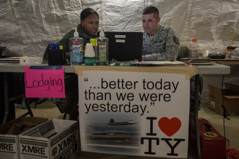 Airmen manage lodging from a temporary facility on Tyndall Air Force Base, Florida.