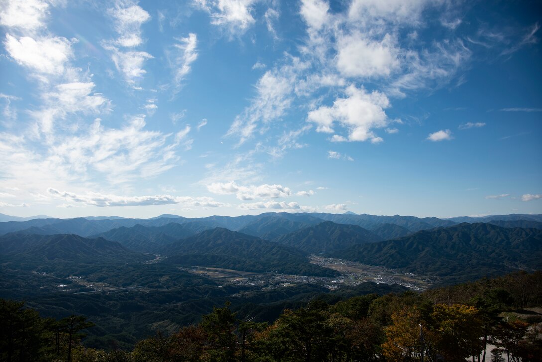 Yamada Town, Japan, sits in a valley of various Japanese mountains, Oct. 18, 2018. The town houses Japan Air Self-Defense Force’s Yamada Sub Base. The installation’s mission contributes to maintaining balance in the Indo-Pacific region through detecting and notifying ally forces who respond to unknown and enemy aircraft. (U.S. Air Force photo by Senior Airman Sadie Colbert)