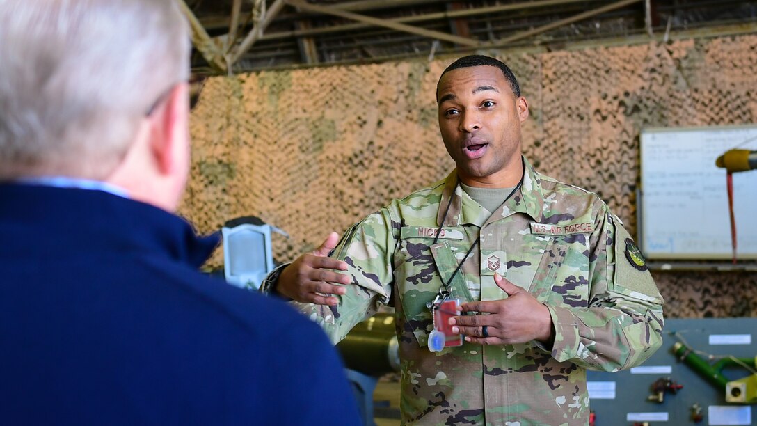 U.S. Air Force Master Sgt. Korvarsie Hicks, 51st Maintenance Squadron aircraft fuels section chief, briefs Dave Giachetti, House Armed Services Committee professional staff member, on the accessories flight and training for new Airmen during a tour of Osan Air Base, Republic of Korea, Oct. 31, 2018.