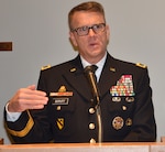 Brig. Gen. Bill Boruff addresses those in attendance during an October ceremony at Joint Base San Antonio-Fort Sam Houston, Texas. Boruff is the commanding general of the Mission and Installation Contracting Command at JBSA-Fort Sam Houston.