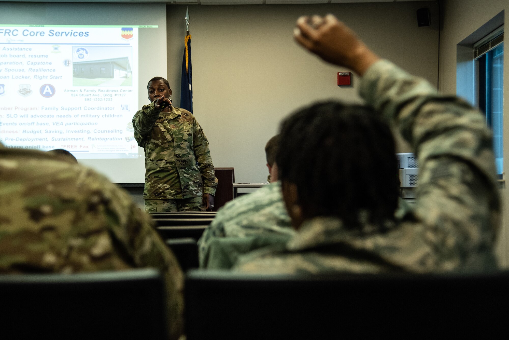 U.S. Air Force Master Sgt. Tiffany Rankins, 20th Force Support Squadron Airmen and Family Readiness Center (AFRC) noncommissioned officer in charge, answers questions during a superintendent course at Shaw Air Force Base, S.C., Oct. 30, 2018.