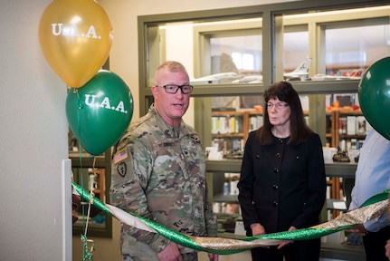 U.S. Army Col. Adam Lange, 673d Air Base Wing vice commander, gives a speech during a ribbon-cutting ceremony at the Joint Base Elmendorf-Richardson Education Center Nov. 2, 2018. The ceremony marks the opening of the academic tutoring room sponsored by the University of Alaska Anchorage (UAA). This room is open to all active-duty personnel, dependents and veterans, no matter which school they attend.