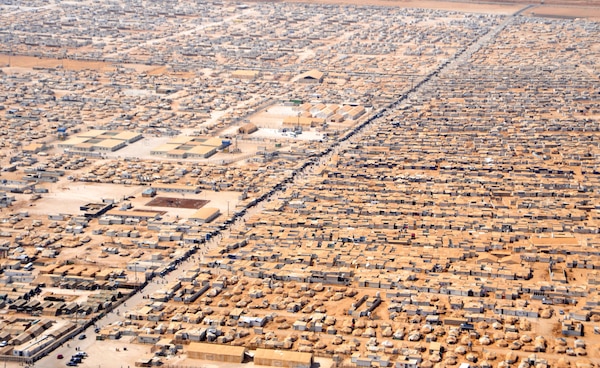 An aerial view of the Zaatari camp for Syrian refugees in 2013, as seen from a helicopter carrying the U.S. Secretary of State and Jordanian Foreign Minister. (Department of State)
