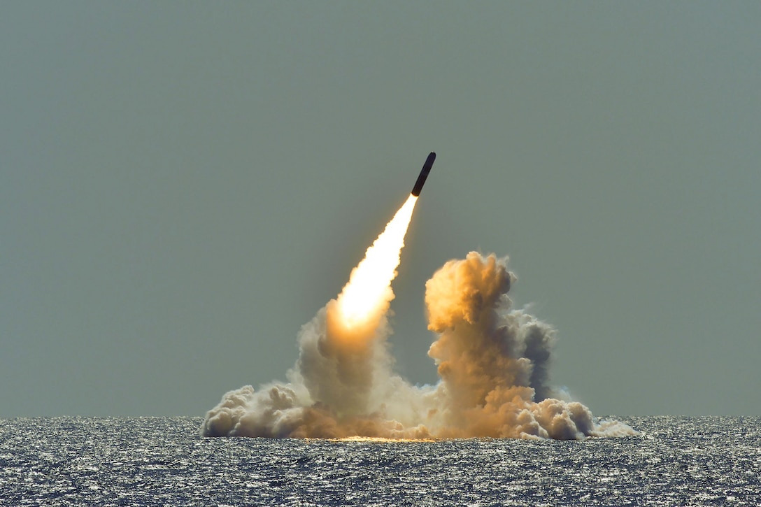 In March, an unarmed Trident II D5 missile launches from the USS Nebraska in the Pacific Ocean. The successful test launch certified the readiness of the ballistic submarine missile crew and the operational performance of the submarine’s strategic weapons system. (U.S. Navy/ Ronald Gutridge)