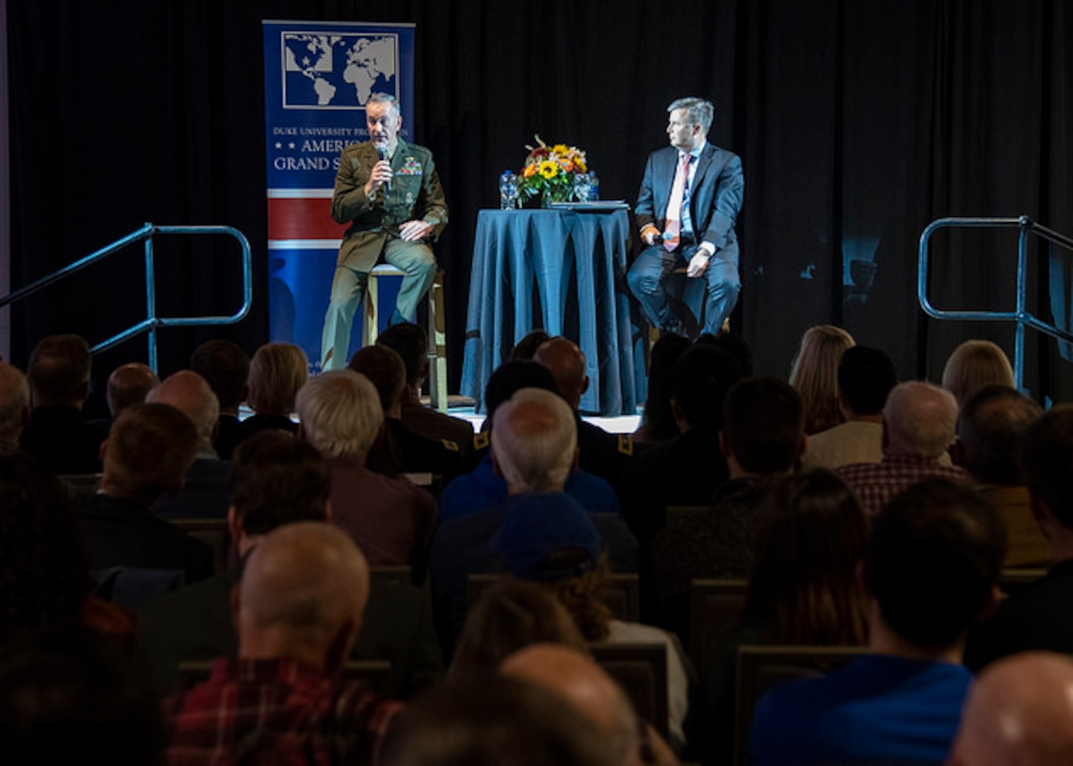 Marine Corps Gen. Joe Dunford, chairman of the Joint Chiefs of Staff, speaks at the Duke Program in American Grand Strategy to discuss the U.S. military in a time of geopolitical strain in Penn Pavilion at Duke University, Durham, N.C.