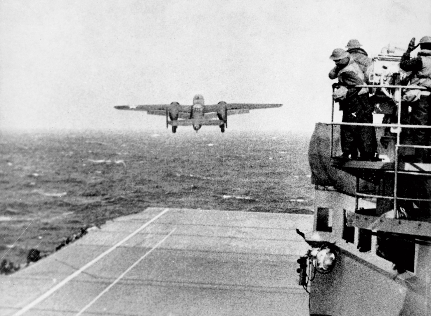 U.S. Army Air Forces North American B-25B Mitchell bomber takes off from USS Hornet as part of first wave of Doolittle Raid, April 18, 1942 (U.S. Navy/
U.S. National Archives and Records Administration)