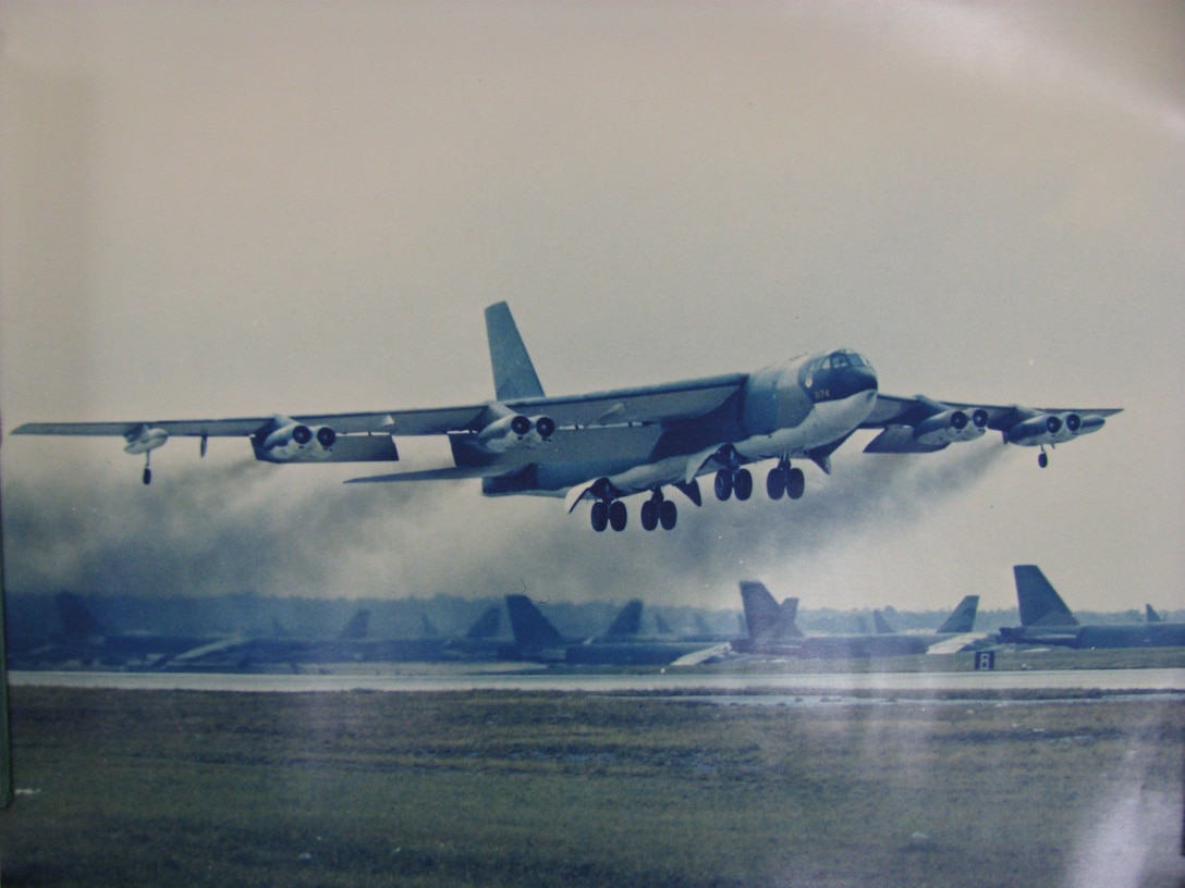 B-52 bomber takes off from Andersen Air Force Base in support of bombing effort of North Vietnam from December 18–29, 1972, known as Operation
Linebacker II (U.S. Air Force)