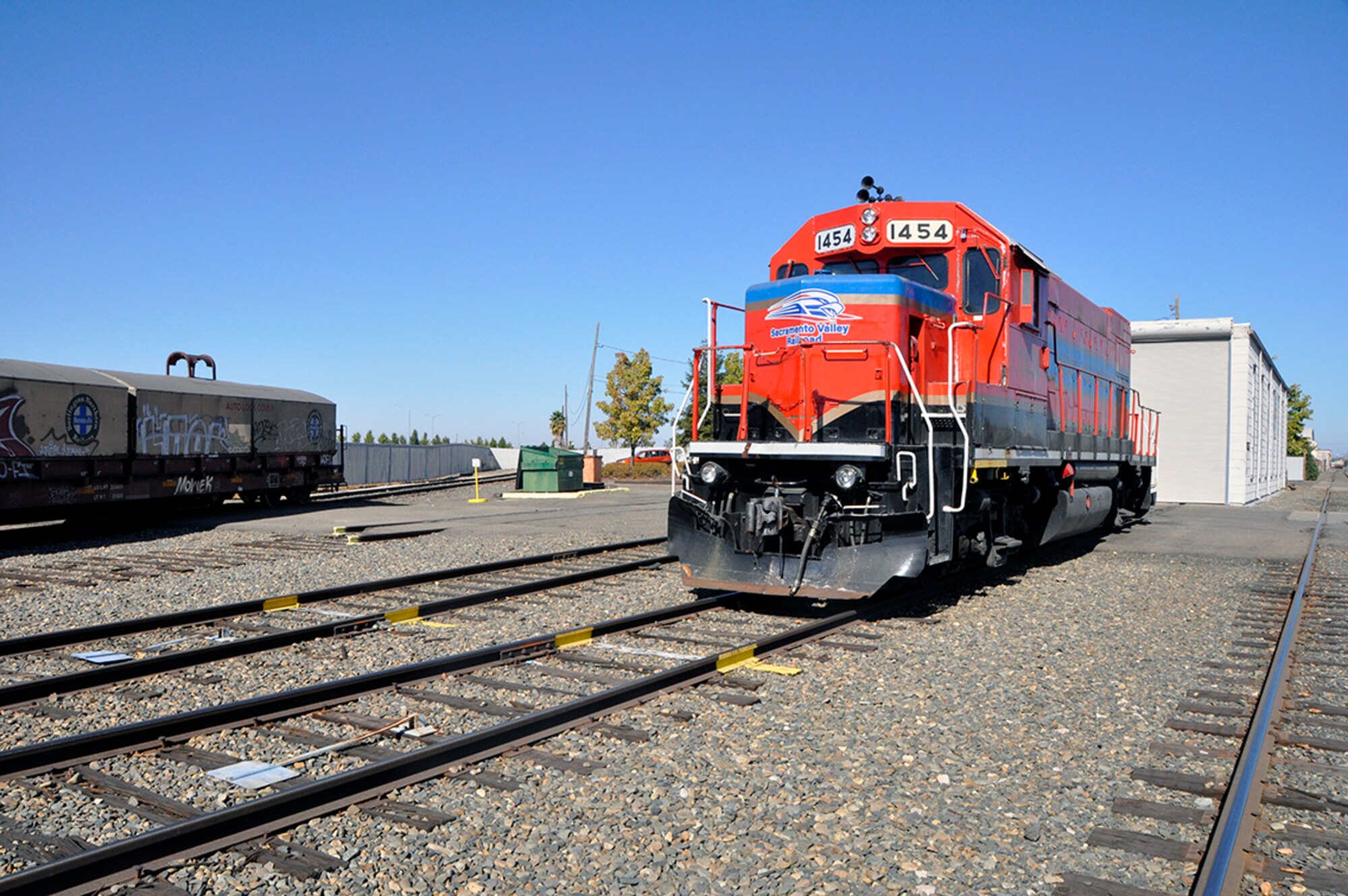 Sacramento Valley Railroad provides all railcar switching and other rail-related services on 7 miles of rail line within what is now McClellan Business Park in Sacramento, Calif., Oct. 18, 2018. (U.S. Air Force photo by Scott Johnston).