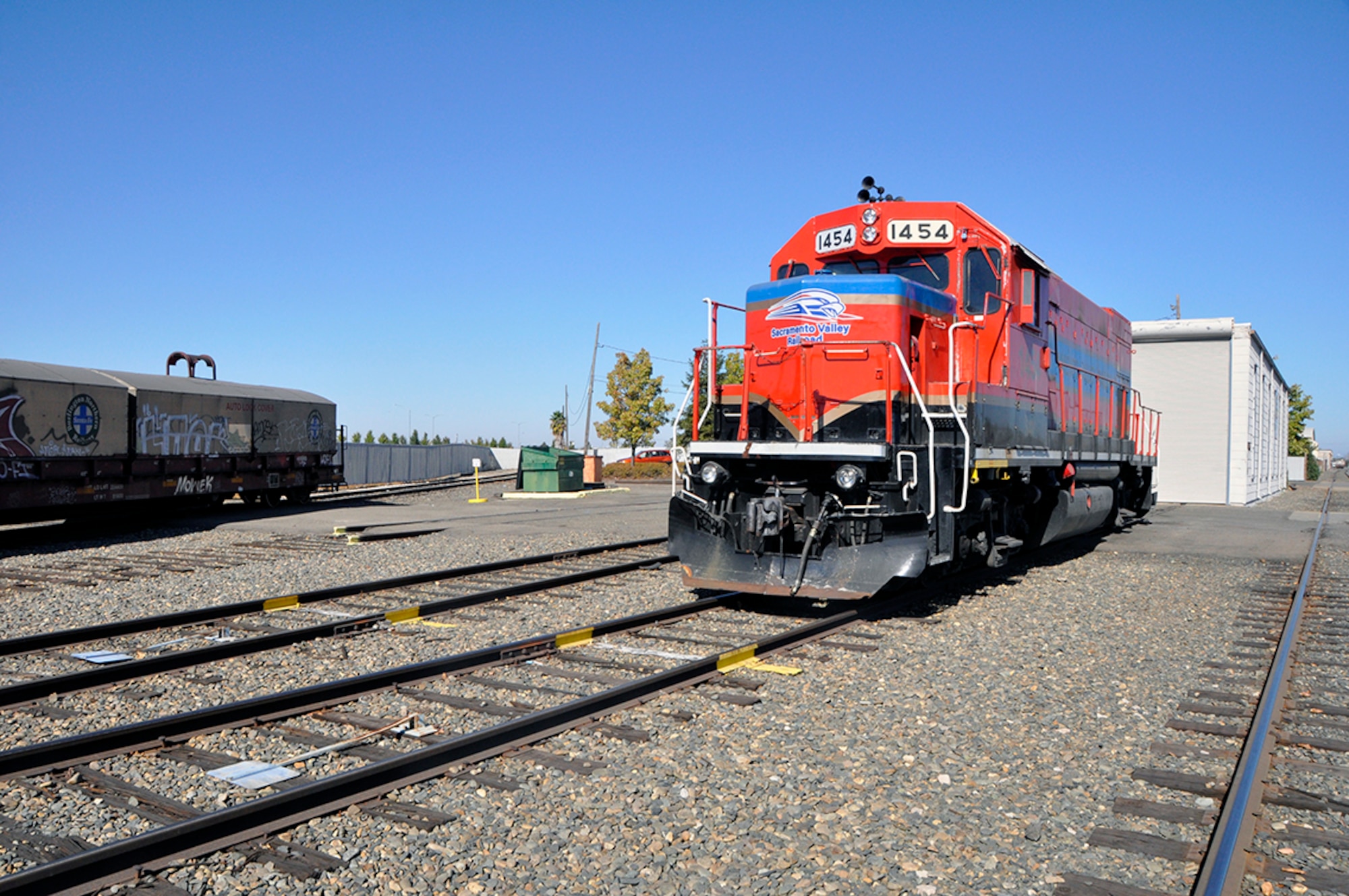 Sacramento Valley Railroad provides all railcar switching and other rail-related services on 7 miles of rail line within what is now McClellan Business Park in Sacramento, Calif., Oct. 18, 2018. (U.S. Air Force photo by Scott Johnston).