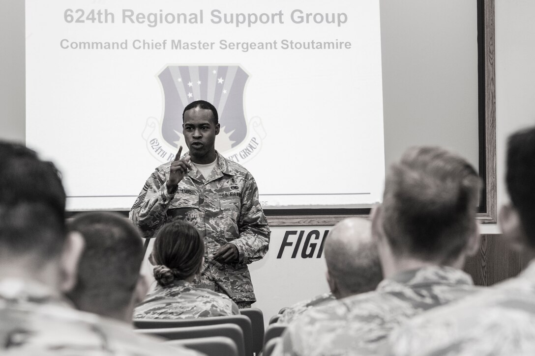 U.S. Air Force Chief Master Sgt. Danyell C. Stoutamire, the new command chief for the Air Force Reserve’s 624th Regional Support Group, visits with Airmen scheduled for an upcoming deployment during his first unit training assembly with the Group Nov. 4, 2018 at Joint Base Pearl Harbor-Hickam, Hawaii. Located on Oahu and Guam, the 624th RSG provides nearly 700 combat-ready Airmen who specialize in aerial port, aeromedical support and civil engineering operations. (U.S. Air Force photo by 1st Lt. Elizabeth Andreas-Feeney)