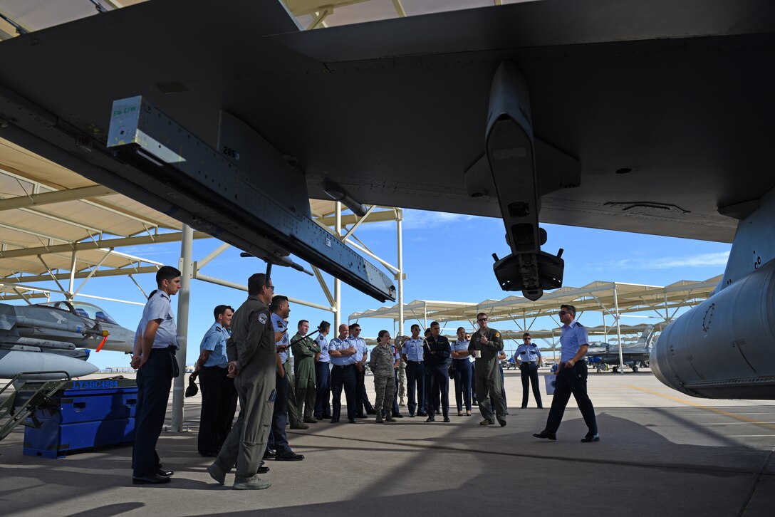 Distinguished cadets from different Latin American Air Force academies visit Luke Air Force Base, Ariz., as a part of the Department of Defense Latin American Cadet Initiative Oct. 31, 2018. The LACI program allows the top two cadets from each of various Latin American air service academies from countries including Mexico, Brazil, and Colombia, to tour U.S. Air Force bases and missions in order to immerse them in U.S. military culture and establish relationships. (U.S. Air Force photo by Senior Airman Ridge Shan)