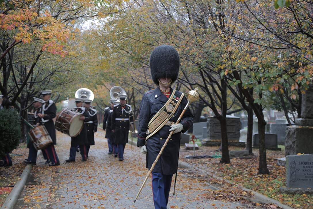 On Nov. 6, 2018, "The President's Own" U.S. Marine Band observed the 164th birthday of 17th Director John Philip Sousa with a ceremony and wreath-laying at his grave at Congressional Cemetery in Washington, D.C. (U.S. Marine Corps photo by Master Sgt. Kristin duBois/released)