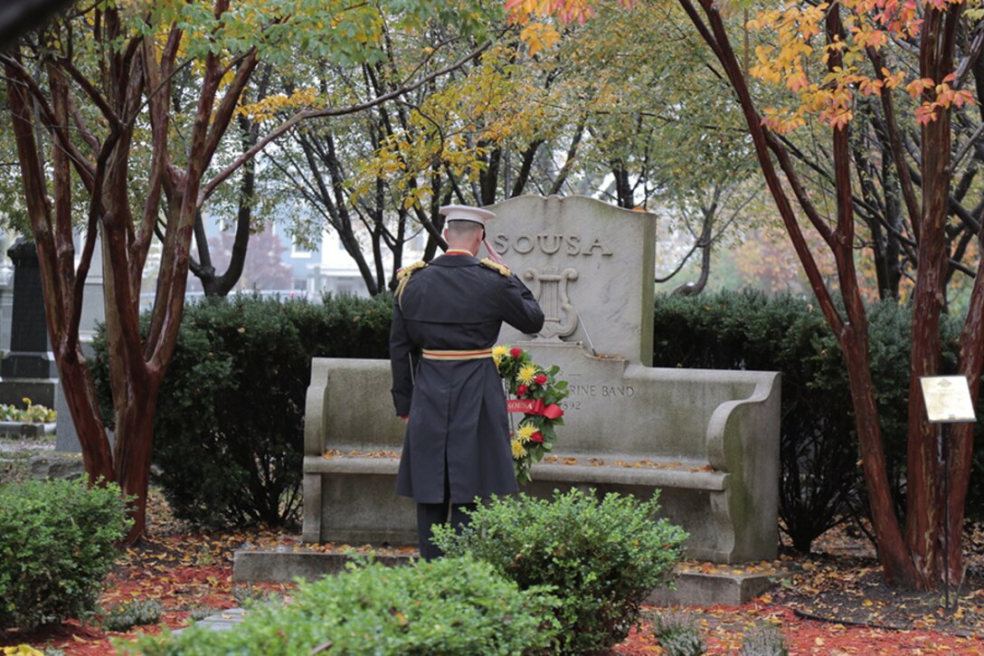 On Nov. 6, 2018, "The President's Own" U.S. Marine Band observed the 164th birthday of 17th Director John Philip Sousa with a ceremony and wreath-laying at his grave at Congressional Cemetery in Washington, D.C. (U.S. Marine Corps photo by Master Sgt. Kristin duBois/released)