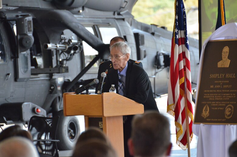 John Shipley, Army Aviation and Mission Command Special Programs (Aviation) director, addresses family, friends and distinguished visitors during the dedication of Shipley Hall, named in his honor during a private ceremony at Felker Army Airfield at Joint Base Langley-Eustis, Virginia, Nov. 1, 2018.