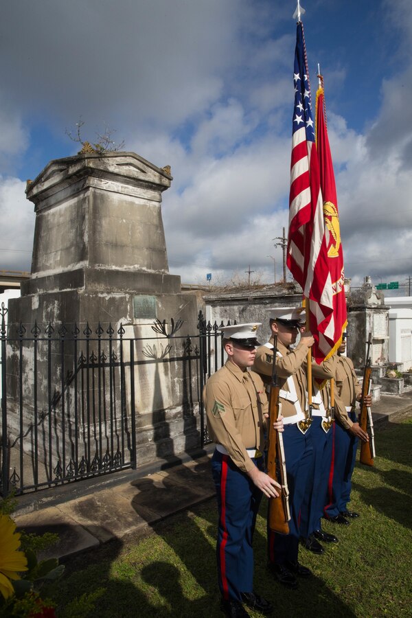 Marines with Marine Forces Reserve present the colors at a wreath laying ceremony for Marine Corps Maj. Daniel Carmick at St. Louis Cemetery No. 2 in New Orleans, Nov. 6, 2018. This ceremony is held annually to celebrate and honor the legacy and actions of Maj. Carmick during the Battle of New Orleans during the War of 1812. Maj. Carmick’s leadership on the battlefield was an essential contribution that resulted in the defeat of British troops and prevented the seizure and conquest of the Louisiana territory. (U.S. Marine Corps photo by Lance Cpl. Samantha Schwoch/released)