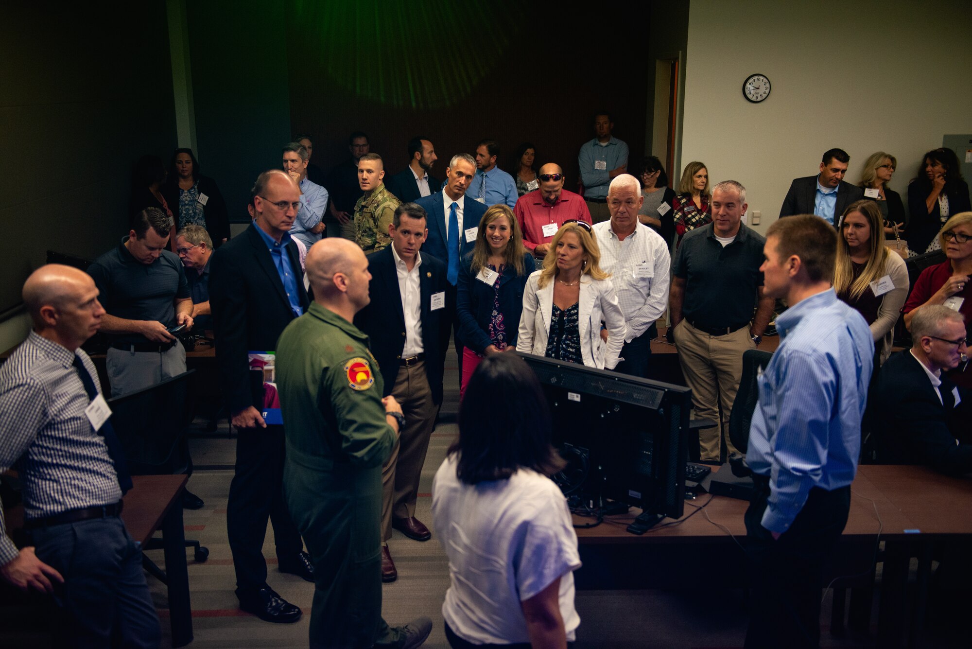Maj. William Andreotta, 56th Training Squadron director of operations, speaks to Personalized Learning Cohort members during their tour at Luke Air Force Base, Ariz., Nov. 2, 2018. The Personalized Learning Cohort consists of educational leaders from around the United States who work to overcome organizational barriers and create a sustainable network supporting ownership of learning. (U.S. Air Force photo by Senior Airman Alexander Cook)