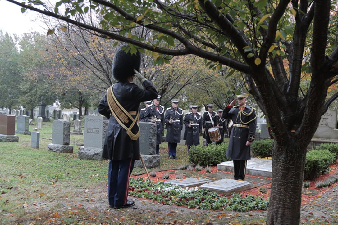 On Nov. 6, 2018, "The President's Own" U.S. Marine Band observed the 164th birthday of 17th Director John Philip Sousa with a ceremony and wreath-laying at his grave at Congressional Cemetery in Washington, D.C. (U.S. Marine Corps photo by Master Sgt. Kristin duBois/released)