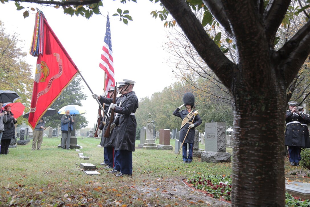 On Nov. 6, 2018, "The President's Own" U.S. Marine Band observed the 164th birthday of 17th Director John Philip Sousa with a ceremony and wreath-laying at his grave at Congressional Cemetery in Washington, D.C. (U.S. Marine Corps photo by Master Sgt. Kristin duBois/released)