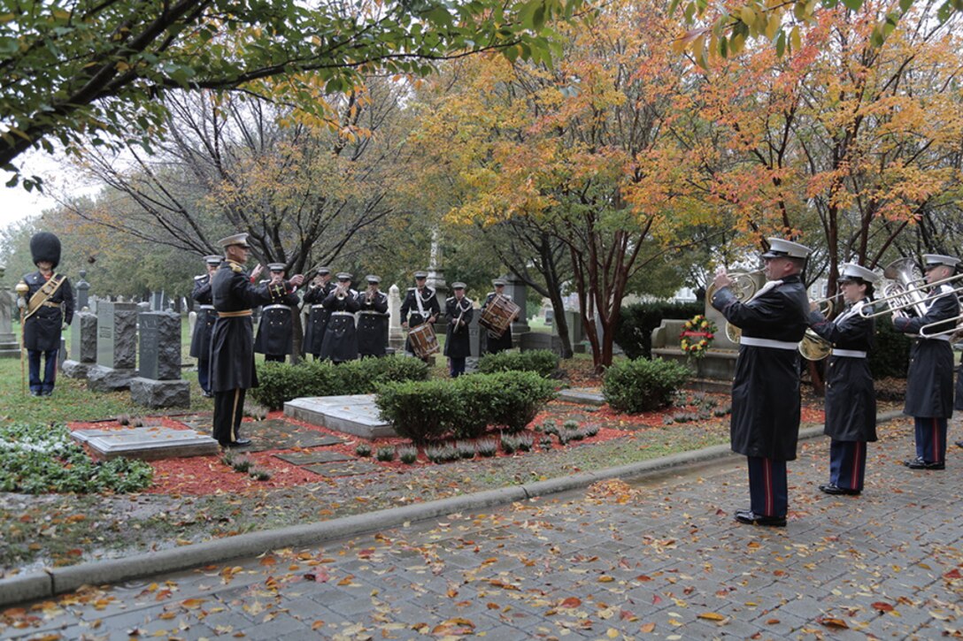 On Nov. 6, 2018, "The President's Own" U.S. Marine Band observed the 164th birthday of 17th Director John Philip Sousa with a ceremony and wreath-laying at his grave at Congressional Cemetery in Washington, D.C. (U.S. Marine Corps photo by Master Sgt. Kristin duBois/released)