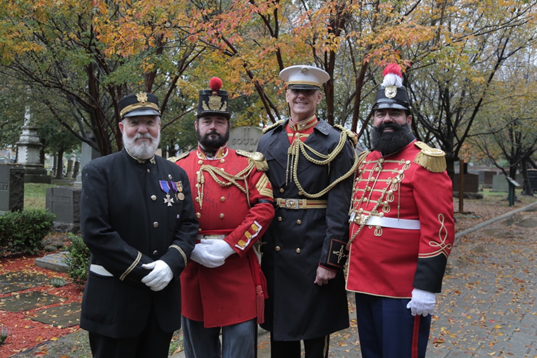 On Nov. 6, 2018, "The President's Own" U.S. Marine Band observed the 164th birthday of 17th Director John Philip Sousa with a ceremony and wreath-laying at his grave at Congressional Cemetery in Washington, D.C. (U.S. Marine Corps photo by Master Sgt. Kristin duBois/released)