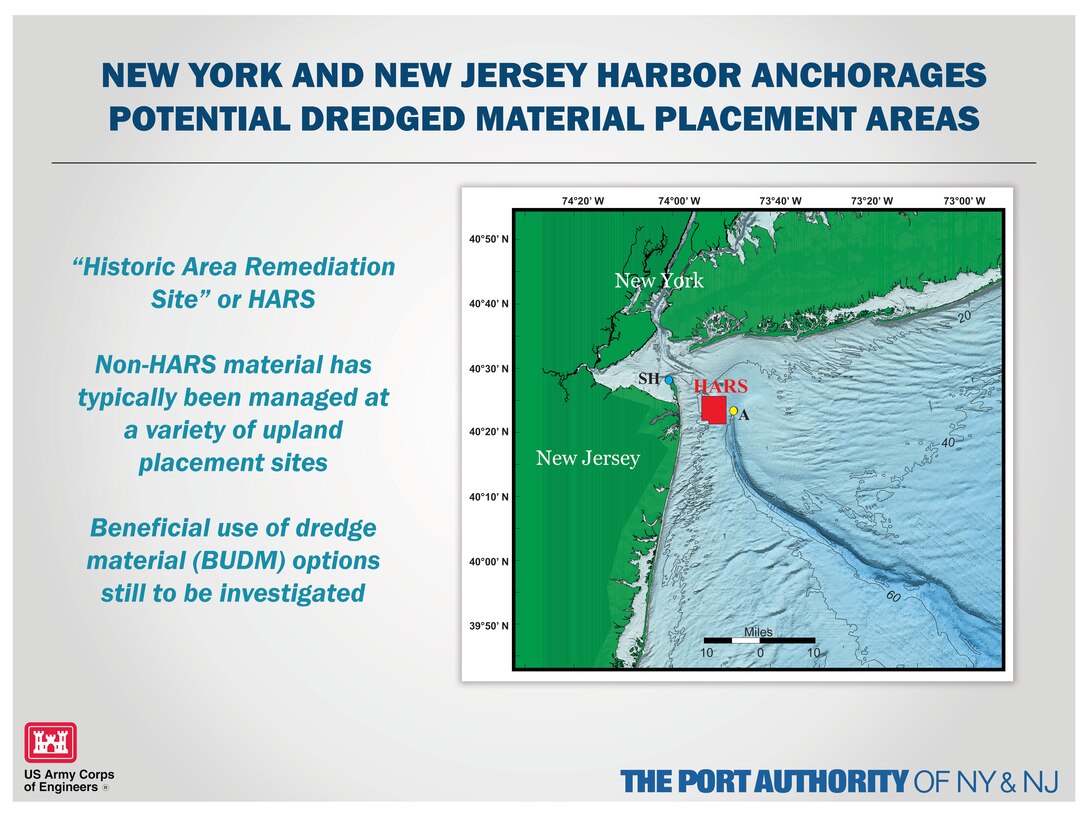 Graphic explaininng where the potential dredged material placement areas are for the New York and New Jersey Harbor Anchorages Study.