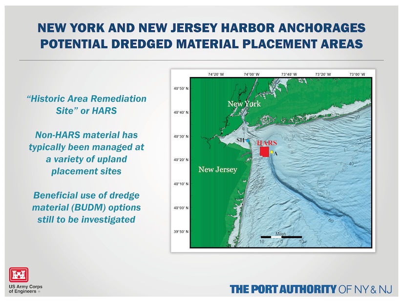 Graphic explaininng where the potential dredged material placement areas are for the New York and New Jersey Harbor Anchorages Study.