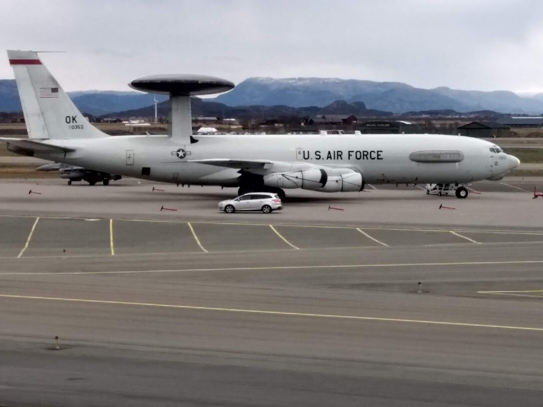 A U.S. Air Force E-3 Sentry Airborne Warning and Control System aircraft assigned to 552nd Air Control Wing, from Tinker Air Force Base, Oklahoma parks at Orland Air Station, Norway, Oct. 31, 2018. The 552nd ACW is participating in Exercise Trident Juncture 2018, a NATO exercise, which aims to demonstrate and develop the extensive military capabilities that keep Allied nations safe in a changing security environment. The E-3 Sentry can transmit situational intelligence quickly and in a universal format to local commanders, whether they’re troops on the ground, pilots in the sky or ships at sea, even Allied forces.