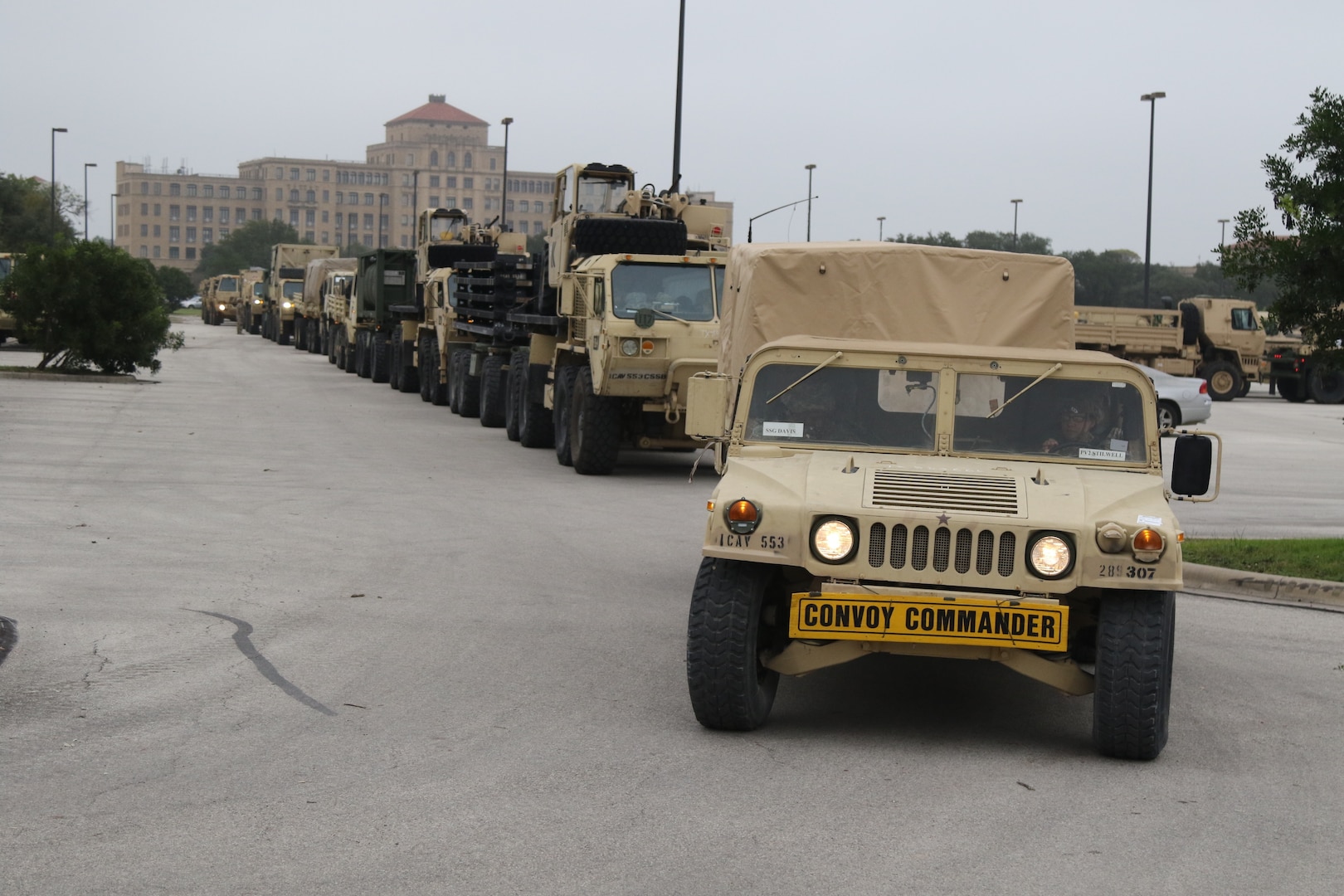 Soldiers from the 289th Quartermaster Company, 553rd Combat Sustainment Support Battalion, launch a convoy Nov. 5 from Joint Base San Antonio-Fort Sam Houston in support of U.S Northern Command. USNORTHOM is providing military support to the Department of Homeland Security and U.S. Customs and Border Protection to secure the southern border of the United States.