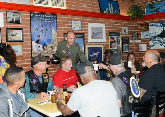 Brig. Gen. E. John Teichert, 412th Test Wing commander, pours coffee for a local Veteran during a Coffee4Vets gathering at Crazy Otto’s Diner in Lancaster, California, Nov. 6. Coffee4Vets meet every Tuesday at the restaurant for fellowship and camaraderie. (U.S. Air Force photo by Giancarlo Casem)