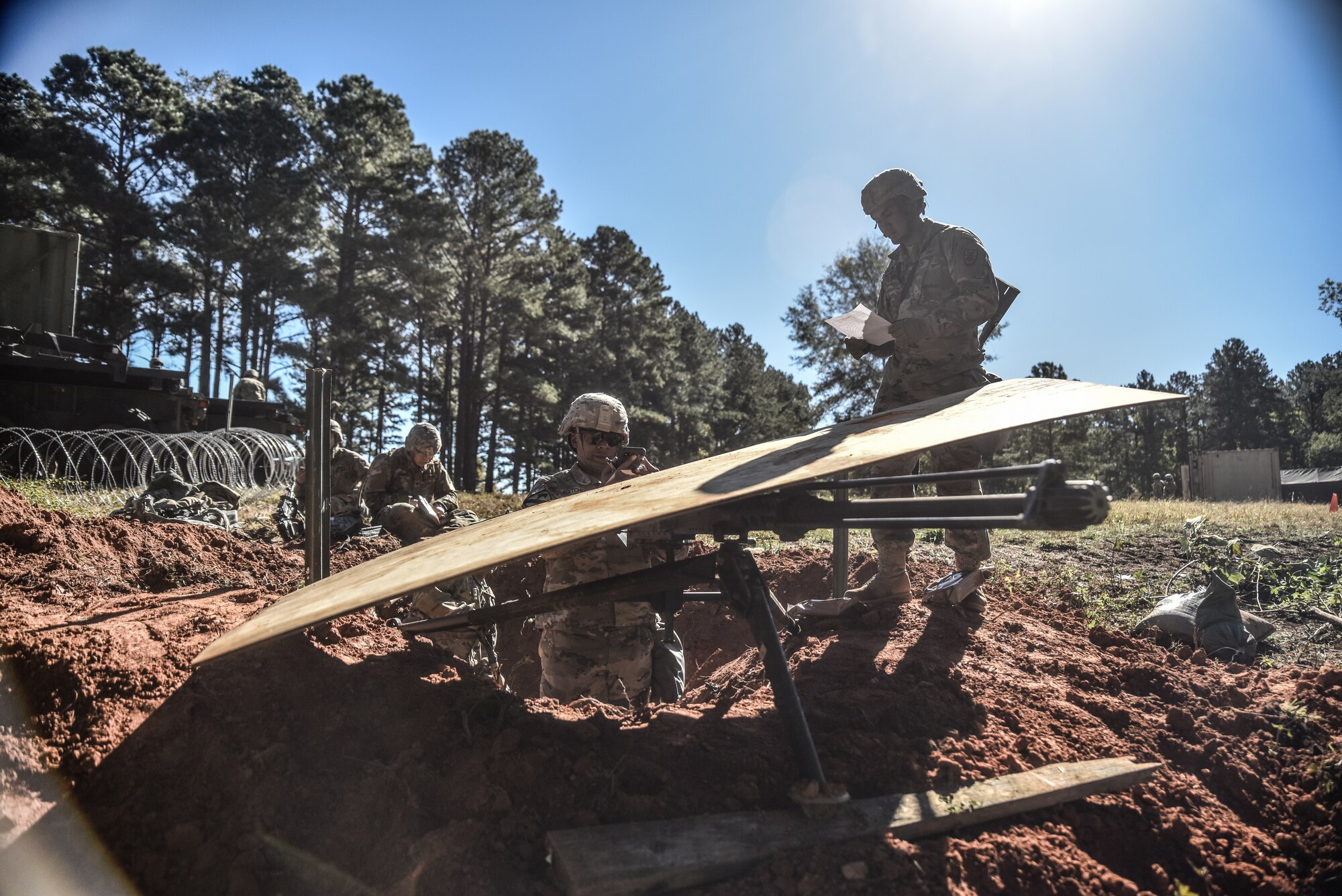 U.S. Army Soldiers assigned to the 119th Inland Cargo Transfer Company, 11th Trans. Battalion, 7th Trans. Brigade (Expeditionary), build a Machine Gun Nest at Fort Pickett, Virginia. Oct, 23, 2018.