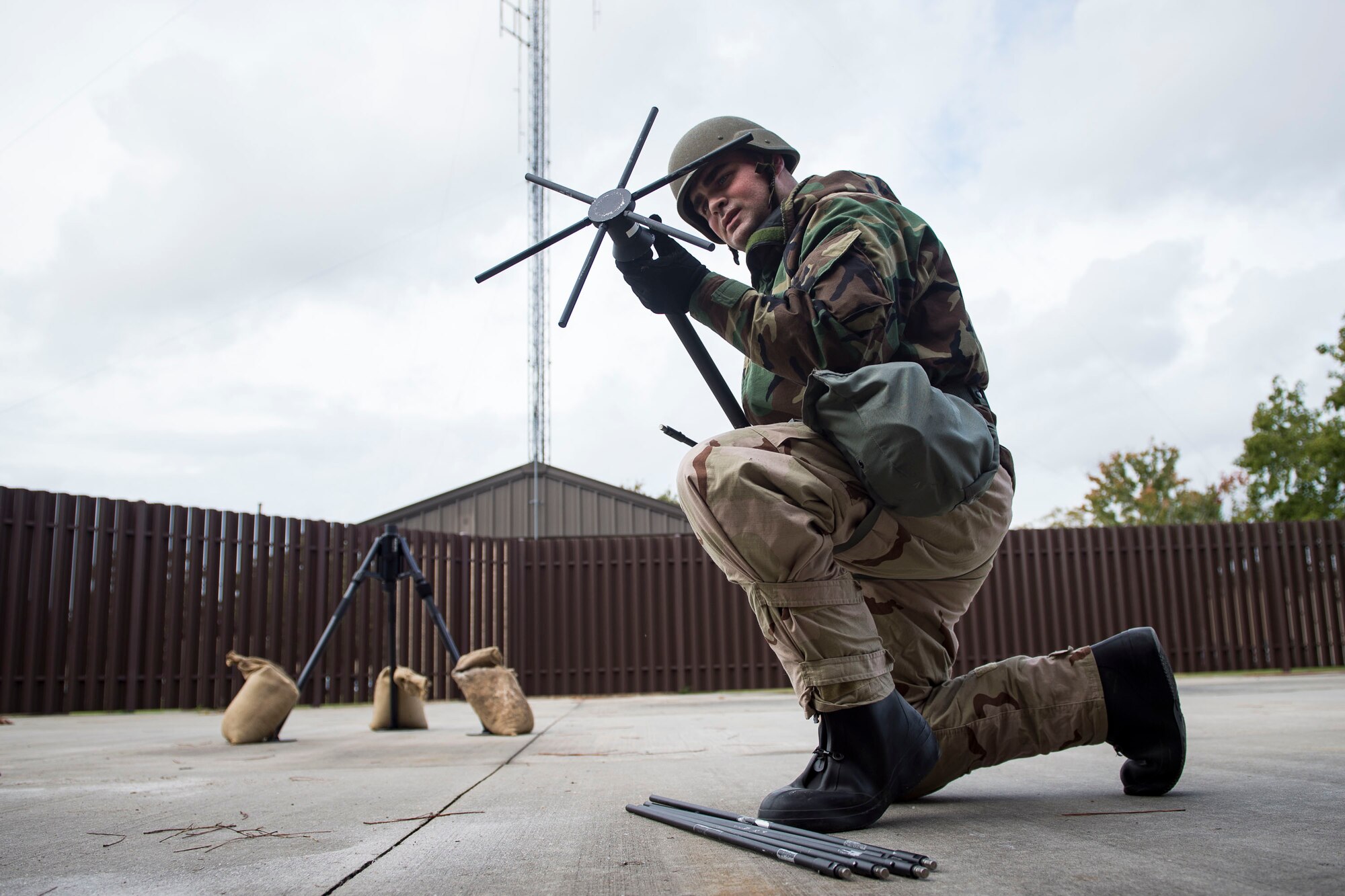 Airman 1st Class Bryson Hart, 23d Communications Squadron radio frequency transmissions technician, assembles a UVU-200 Antenna during an antenna assembly exercise, Nov. 6, 2018, at Moody Air Force Base, Ga. The five-day exercise, scheduled to take place Nov. 5-9, will give base personnel an opportunity to experience contingency operations in a contested and degraded combat environment. (U.S. Air Force photo by Senior Airman Janiqua P. Robinson)