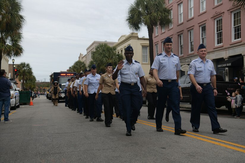 Col. Terrence Adams, Joint Base Charleston commander, waves as he marches through the 2018 Charleston Veterans Day Parade Nov. 4, 2018, in Charleston, S.C. This year’s Veterans Day, officially recognized Nov. 11, 2018, will mark the 100th anniversary of the end of the first World War.