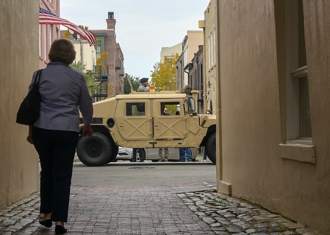 A 628th Security Forces Squadron Humvee drives down the street during the 2018 Charleston Veterans Day Parade Nov. 4, 2018, in Charleston, S.C. This year’s Veterans Day, officially recognized Nov. 11, 2018, will mark the 100th anniversary of the end of World War I.