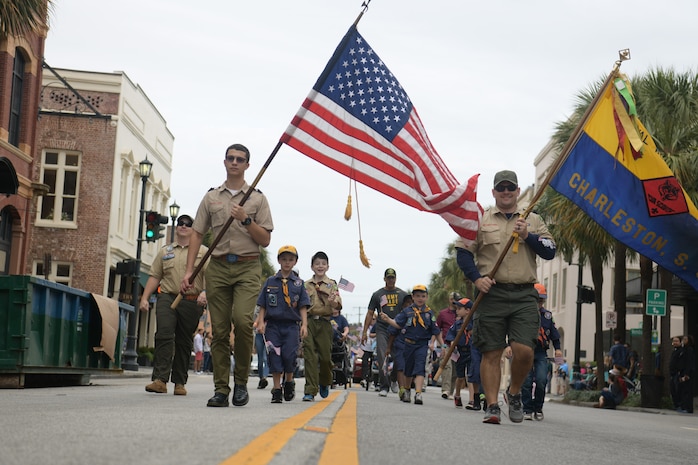A Boy Scout troop marches through the 2018 Charleston Veterans Day Parade Nov. 4, 2018, in Charleston, S.C. This year’s Veterans Day, officially recognized Nov. 11, 2018, will mark the 100th anniversary of the end of the First World War.