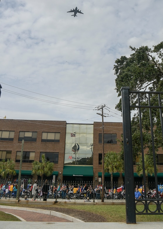 A C-17 Globemaster III flies over to start the 2018 Charleston Veterans Day Parade Nov. 4, 2018, in Charleston, S.C. This year’s Veterans Day, officially recognized Nov. 11, 2018, will mark the 100th anniversary of the end of the First World War.