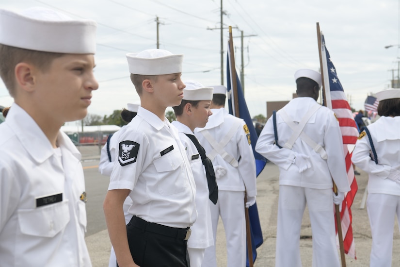 A Naval JROTC cadet stands at attention before the start of the 2018 Charleston Veterans Day Parade Nov. 4, 2018, in Charleston, S.C. This year’s Veterans Day, officially recognized Nov. 11, 2018, will mark the 100th anniversary of the end of the First World War.