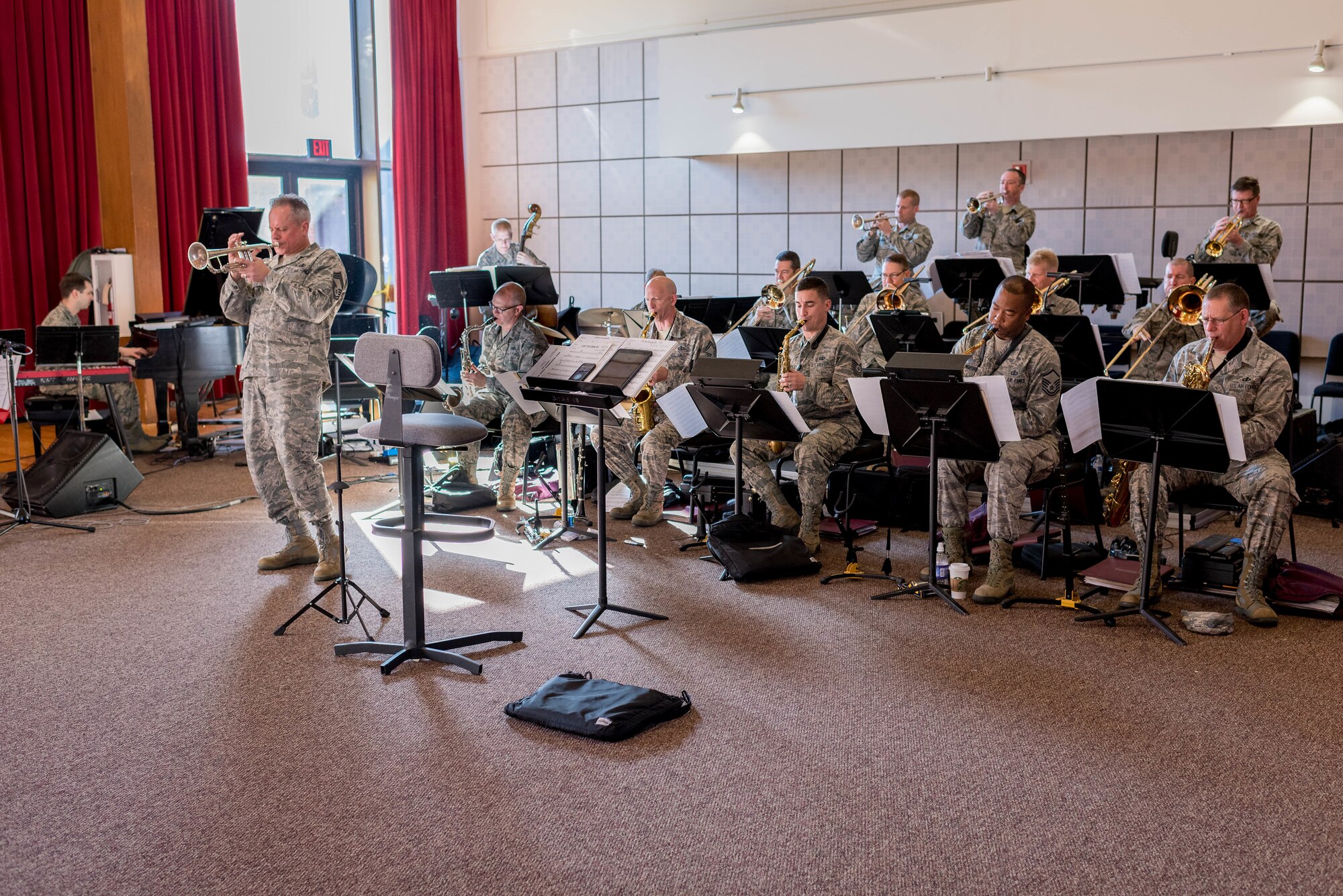 Chief Master Sgt. Kevin Burns leads the Airmen of Note in preparation for their 2018 Fall Tour