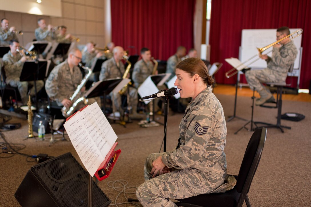 Technical Sgt. Paige Wroble sings with the Airmen of Note during preparations for their 2018 Fall Tour