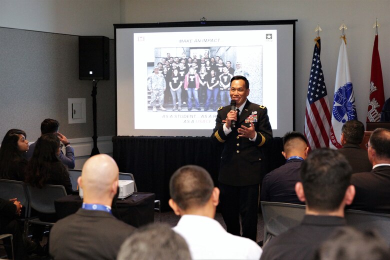 Maj. Gen. Mark Toy, commander of the Great Lakes and Ohio River Division, talks to college students and recent graduates attending the USACE seminar at the Hispanic Engineer Achievement Awards Corporation conference Oct. 19 in Pasadena, California. With the theme, "Travel the world ... make an impact ... build big things," panel members presented information on the Corps, its missions and the opportunities a Corps career provides employees.