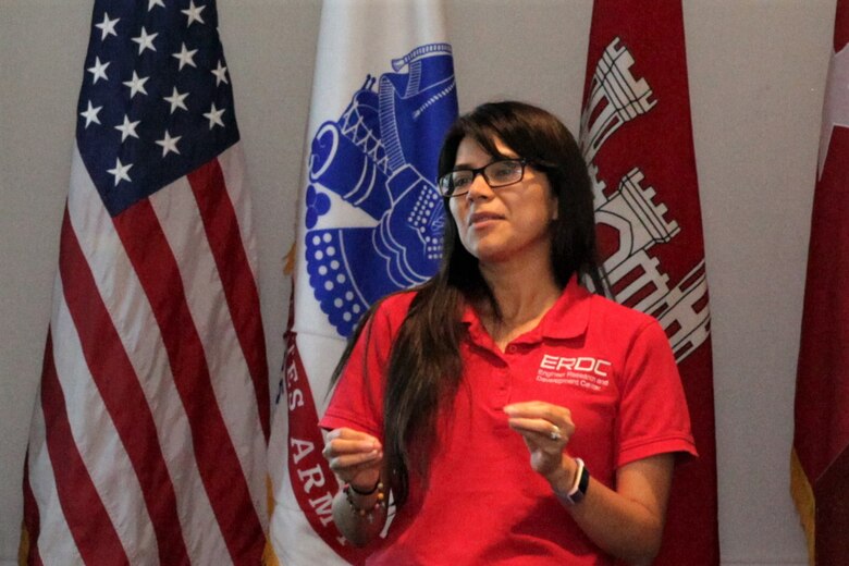 Edith Martinez, a research environmental engineer at the U.S. Army Engineer Research and Development Center, talks to college students and recent graduates attending the USACE seminar at the Hispanic Engineer Achievement Awards Corporation conference Oct. 19 in Pasadena, California. With the theme, "Travel the world ... make an impact ... build big things," panel members presented information on the Corps, its missions and the opportunities a Corps career provides employees.