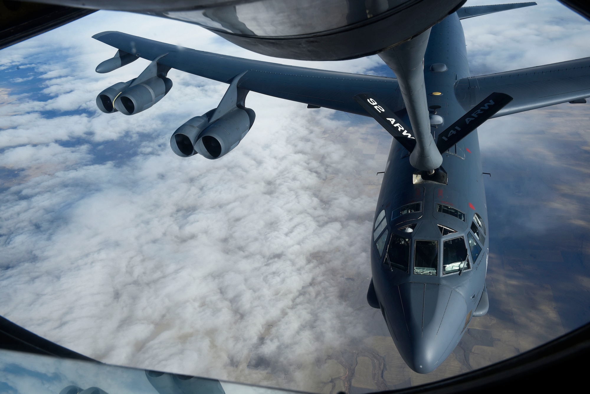 A KC-135 Stratotanker performs a refueling connection with a B-52 Stratofortress during Exercise Global Thunder 2019 over the U.S. Northwestern Region, November 2018. Global Thunder is a U.S. Strategic Command exercise designed to ensure an efficient mission response by testing Airmen's ability to execute command, control and operational procedures during simulated combat scenarios. (U.S. Air Force photo/Airman 1st Class Lawrence Sena)